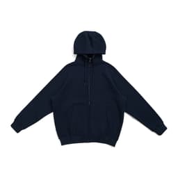 A navy blue men's cotton hoodie with a kangaroo pocket and a zipper, featuring a logo on it.