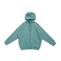 A teal cotton hoodie with a kangaroo pocket and zipper, featuring a hood and a logo.