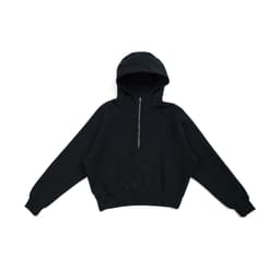 A black women's cotton half-zip jumper with a hood and long sleeves. It features a logo on the front.