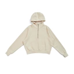 A cream half-zip jumper with a hood, featuring a relaxed fit and a ribbed waistband. Includes a logo.
