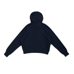 A navy blue women's half-zip cotton jumper with a hood and a relaxed fit, featuring raglan sleeves.