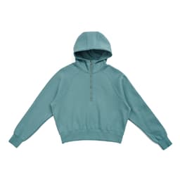 A teal half-zip jumper featuring a hood and long sleeves, made from cotton with a relaxed fit.
