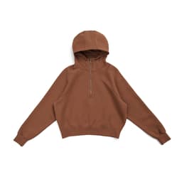A brown half-zip jumper for women/girls with a hood and cropped design. Features a simple logo.