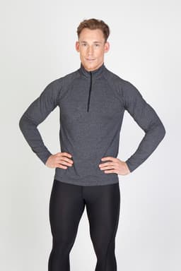 A man models a grey half zip mock neck jumper, featuring long sleeves and a fitted design.