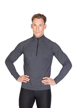 A grey half-zip mock neck jumper for men, featuring long sleeves and a fitted design. It has a logo on the chest.