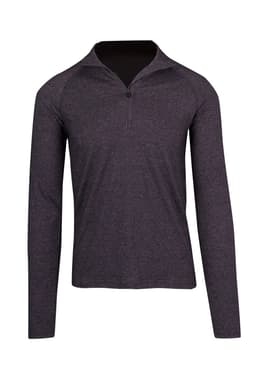 A men's half zip mock neck jumper in dark grey with long sleeves and a branding logo.