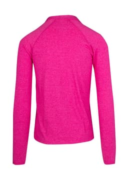 A pink half zip mock neck jumper featuring long sleeves and a back view design. Includes branding.