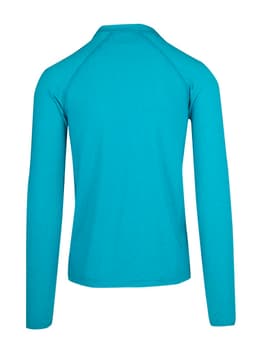 A half zip mock neck jumper in a vibrant turquoise colour, featuring long sleeves and a back view.