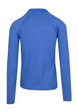 A blue half zip mock neck jumper with long sleeves and a simple design. Features a logo on the back.
