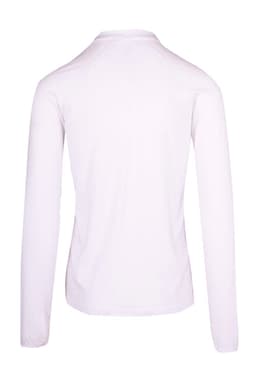 A white half zip mock neck jumper featuring long sleeves and a fitted design, with a discreet logo.