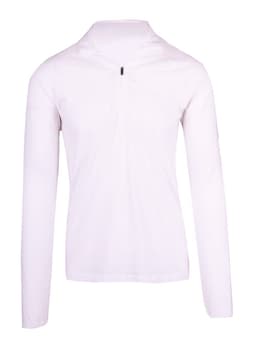 A white half zip mock neck jumper with long sleeves and a logo on the sleeve.