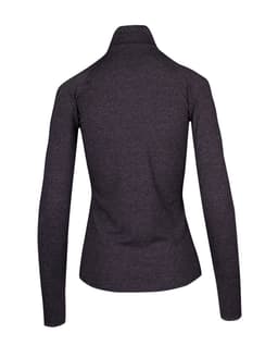 A dark grey women's half zip mock neck shirt with long sleeves and a fitted design. It features a branded logo.