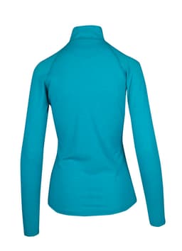 A turquoise long-sleeve half zip mock neck shirt with a fitted design and no visible logos.