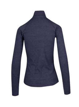 A navy women's half zip mock neck shirt featuring long sleeves and a fitted design, with a branding logo on it.