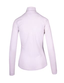 A white half-zip mock neck shirt with long sleeves and a fitted design, featuring a logo.