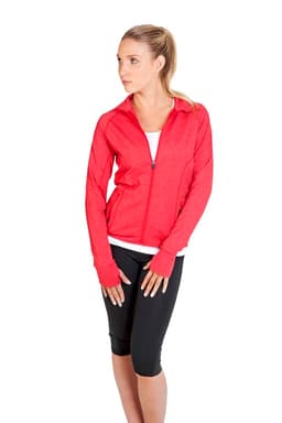 A red heather jacket with a zip front, long sleeves, and a fitted design, worn by a model.