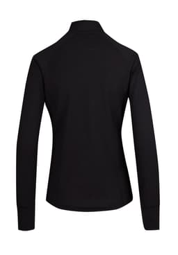 A black jacket with a high collar and long sleeves, featuring a smooth back design and branding on the collar.