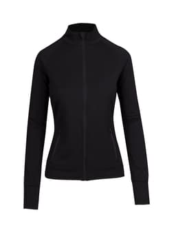 A zip-up black jacket featuring long sleeves and a fitted design. It has side pockets and a logo.