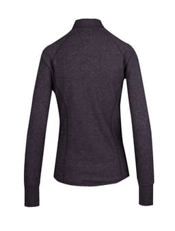 A dark heather grey women's jacket with long sleeves and a high collar. The back view shows a fitted design and stitching details.