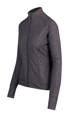 A women's grey heather jacket with a full zipper, featuring a fitted design and side pockets. It has a logo on the chest.