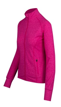 A pink heather jacket with a zip front, long sleeves, and side pockets, featuring a logo.