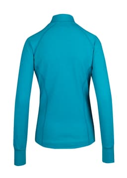 A teal women's jacket with a high collar and long sleeves, featuring a sleek design and fitted silhouette.