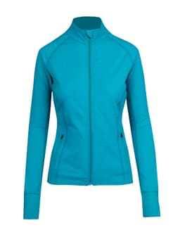 A women's jacket in a vibrant heather blue, featuring a zip front and fitted design. It includes a logo.