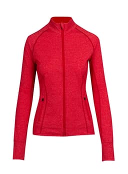 A red women's jacket with a zip front and long sleeves, featuring a logo on the side.