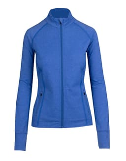 A blue heather jacket with a zippered front and a slim fit, featuring a logo on the left side.