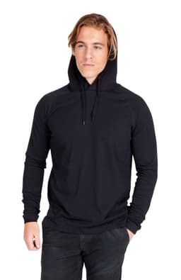 A black unisex FUSION T-shirt hoodie with a drawstring hood, made from a soft, sleek fabric.