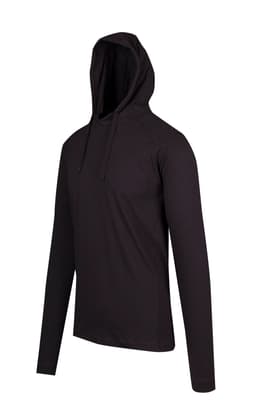 A black men's/unisex hoodie T-shirt with a drawstring hood and long sleeves, featuring a logo on the front.