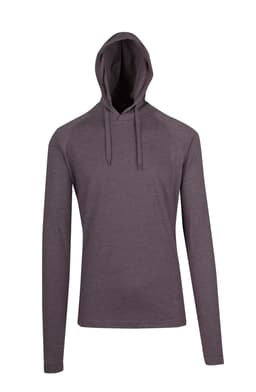 A grey unisex hoodie featuring long sleeves and a hood. It has a simple design with a logo branding.