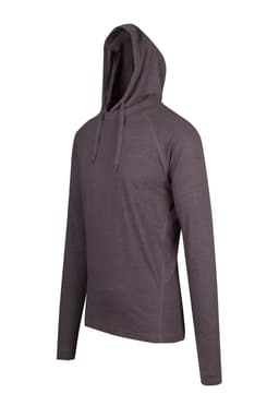A grey unisex hoodie with a hood and long sleeves, featuring a logo on the front.
