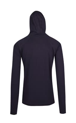 A black men's/unisex FUSION T-shirt hoodie with a fitted design and a hood. Features a logo on the back.