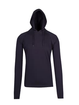 A black men's/unisex hoodie with a front kangaroo pocket and a hood. Features long sleeves and a fitted design.