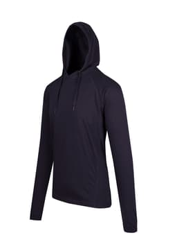 A black unisex FUSION T-shirt hoodie featuring a drawstring hood and long sleeves. It has a logo on the front.