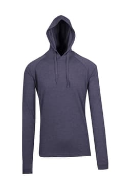 A grey unisex FUSION T-shirt hoodie with a hood and long sleeves. Features raglan sleeves and a logo.