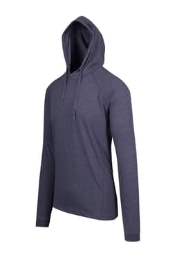 A grey men's/unisex hoodie with a hood and long sleeves, featuring a discreet logo.