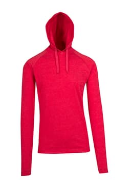 A red unisex hoodie with a drawstring hood and long sleeves. It features a logo on the front.