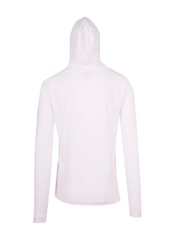 A white unisex FUSION T-shirt hoodie featuring a full hood and long sleeves, with a logo on the sleeve.