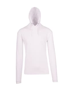A white unisex FUSION T-shirt hoodie with a drawstring hood and long sleeves. Features a logo on the front.