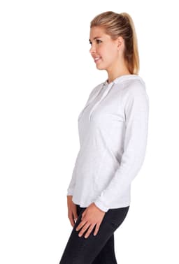 A light grey women's fusion T-shirt hoodie with a front pocket and a logo on the chest.