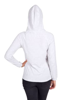 A grey women's fusion T-shirt hoodie with a hood, featuring a fitted design and long sleeves.