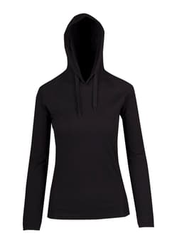 A black women's fusion T-shirt hoodie with a hood and long sleeves, featuring a logo.