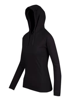 A black women's fusion T-shirt hoodie with long sleeves and a drawstring hood. It features a logo.