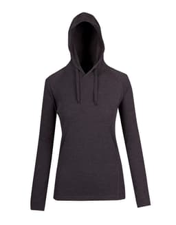 A women's fusion hoodie in dark grey with a hood and long sleeves, featuring a logo.
