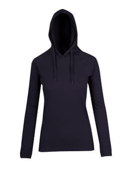 A women's fusion T-shirt hoodie in black with a hood and long sleeves. Features a simple design and has a logo.