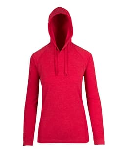 A red women's fusion T-shirt hoodie with a hood and long sleeves, featuring a logo.