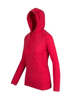 A red woman's hoodie with a hood and long sleeves, featuring a logo on the front.