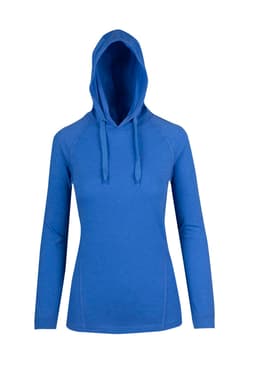 A women's hoodie in a vibrant blue colour featuring a hood and long sleeves, with a logo on the front.